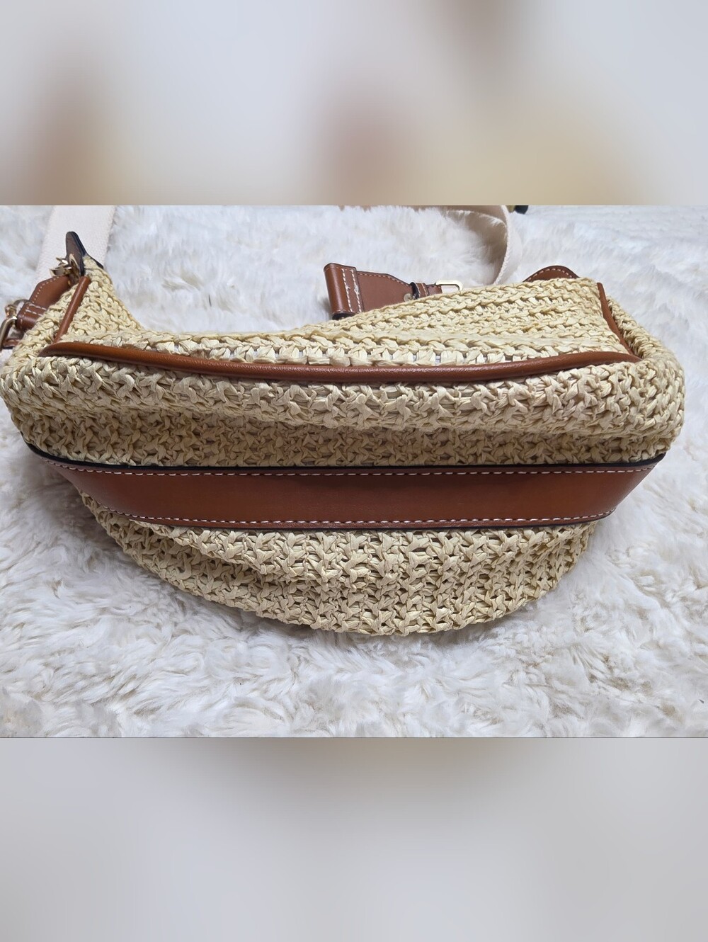 Woven Crescent Shoulder Bag in Natural with Cream Strap - Picture 5 of 7